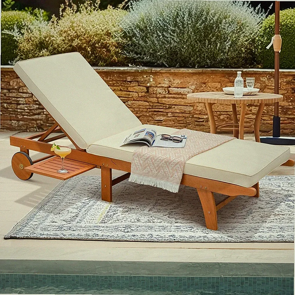 Federica Upgraded Wood Chaise Lounge with Cushion Outdoor, 500Lbs Capacity Patio